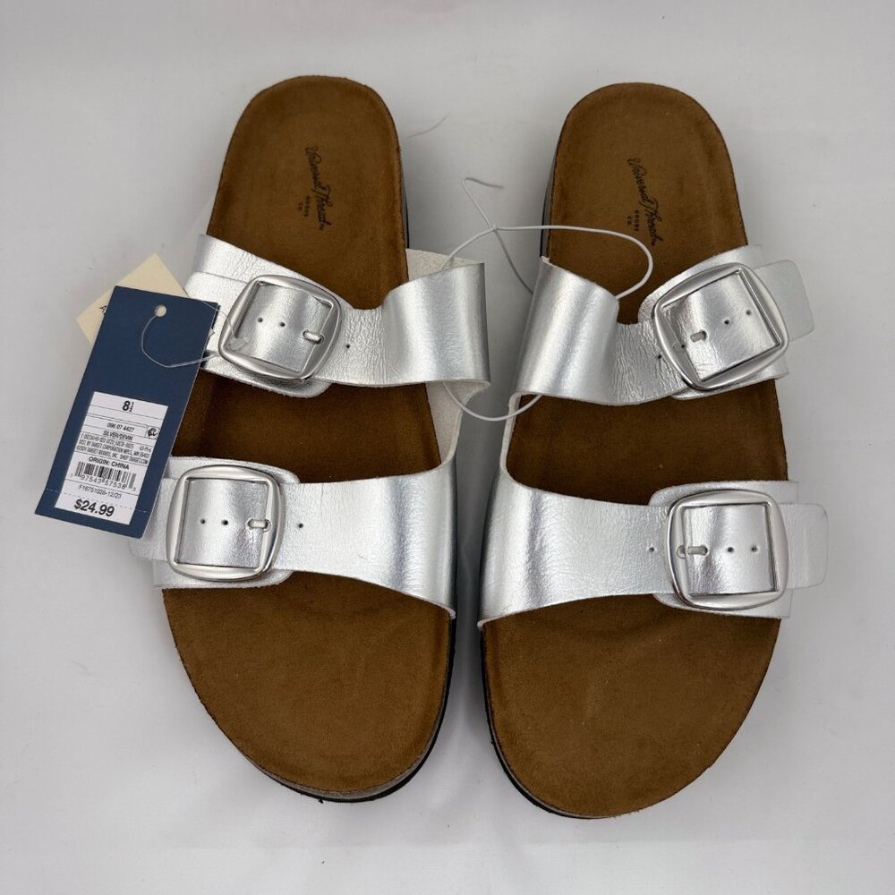 Universal Thread Womens Sandal Dual Buckle Metallic Silver 8.5 Contoured Footbed